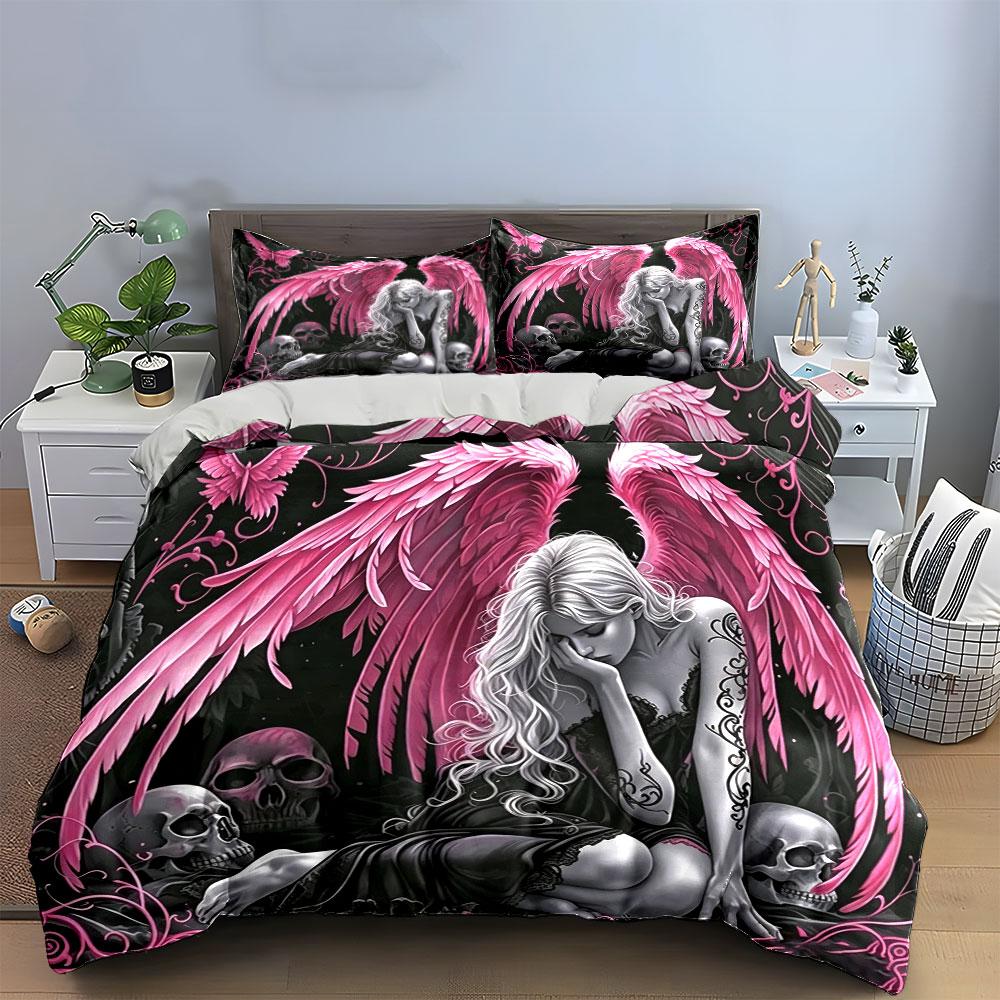Gothic Pink Angel & Skulls Bedding Set 3pcs, Dark Fantasy Art Duvet Cover,Aesthetic Bed Linen for Teen Girls Bedroom,Home Decor