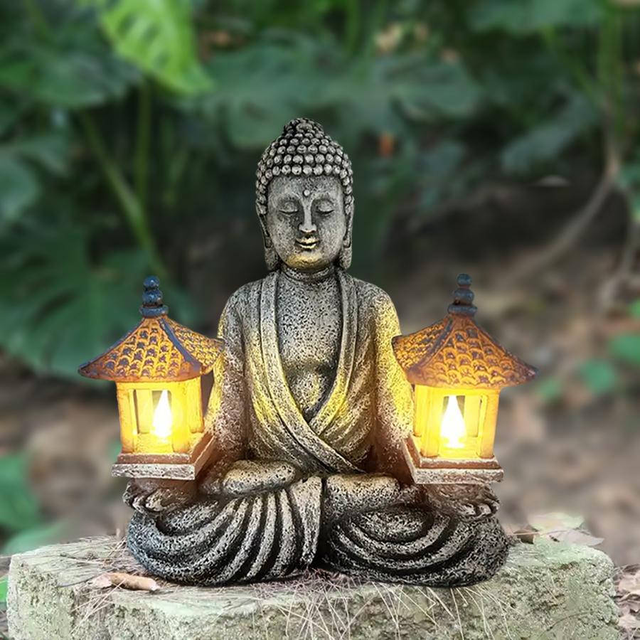 1pc Lighthouse Buddha Statues with LED Lights, Solar-Power Buddha Sculpture Decor for Home Garden, Yard, Patio, Yoga.