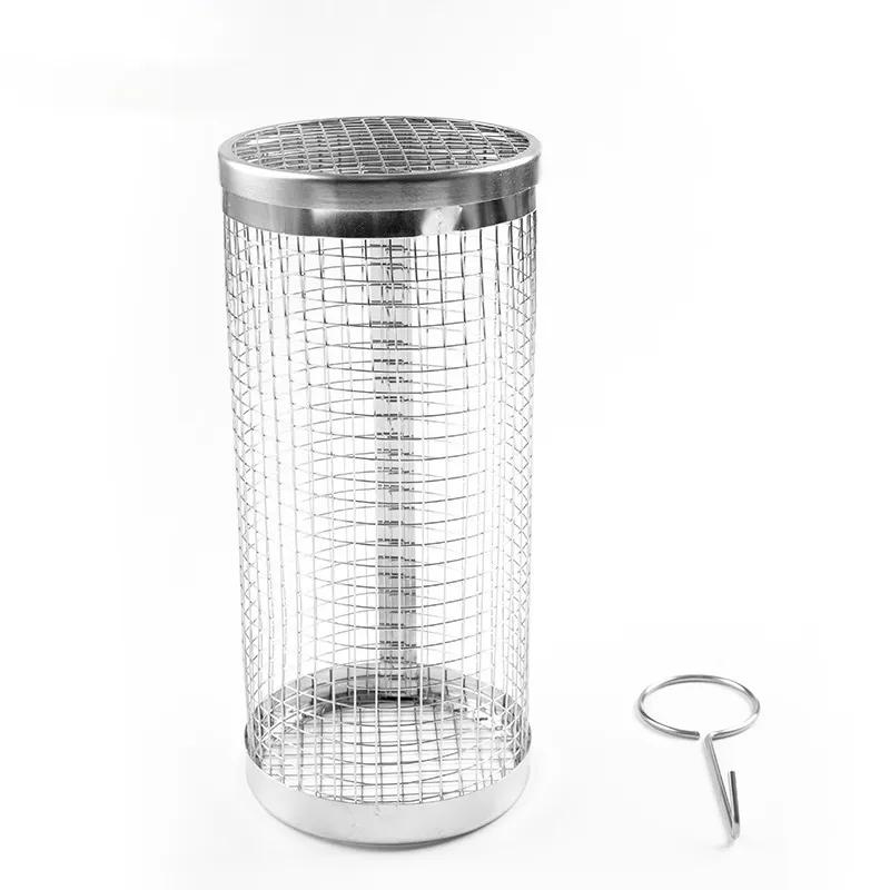 Stainless Steel Barbecue Cooking Grate Mesh Rotation Cylinder Cage Camping Picnic Cookware Outdoor Round BBQ Net Tube Campfire Grill Rolling Basket