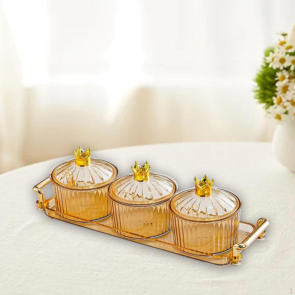Dried Fruit Plate Appetizer Serving Tray 3 Grid with Lid Covered Candy Jar Seasoning Organizer for