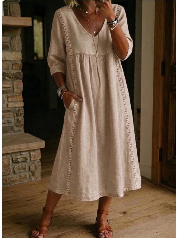 2026 European & American V-Neck Patchwork Lace Trim Linen-Cotton Casual Dress