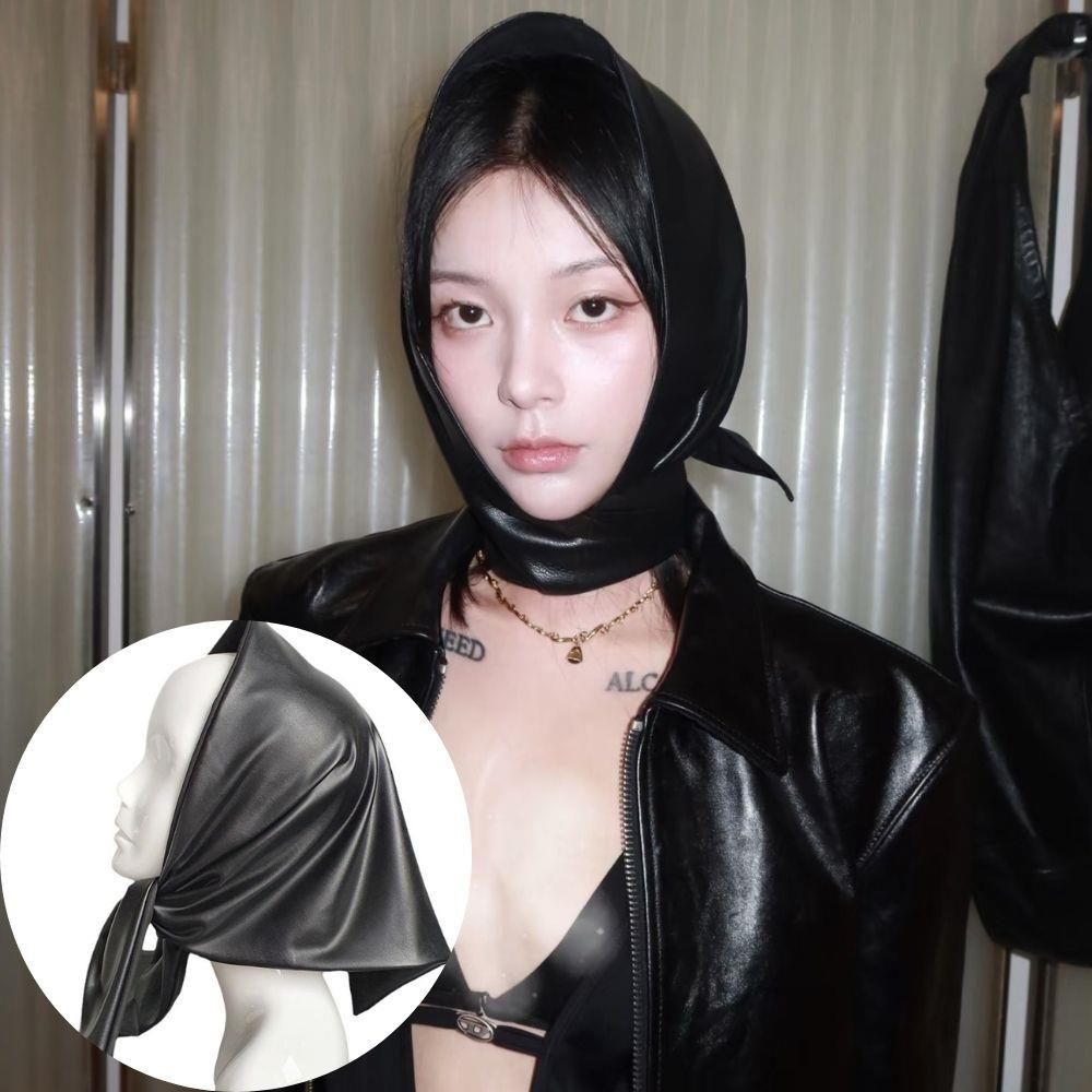 Designer Women Triangle Scarf Winter Warm Large Scarf Black Bandana Soft Faux Leather Kerchief Headscarf Shawl Wrap Headwraps