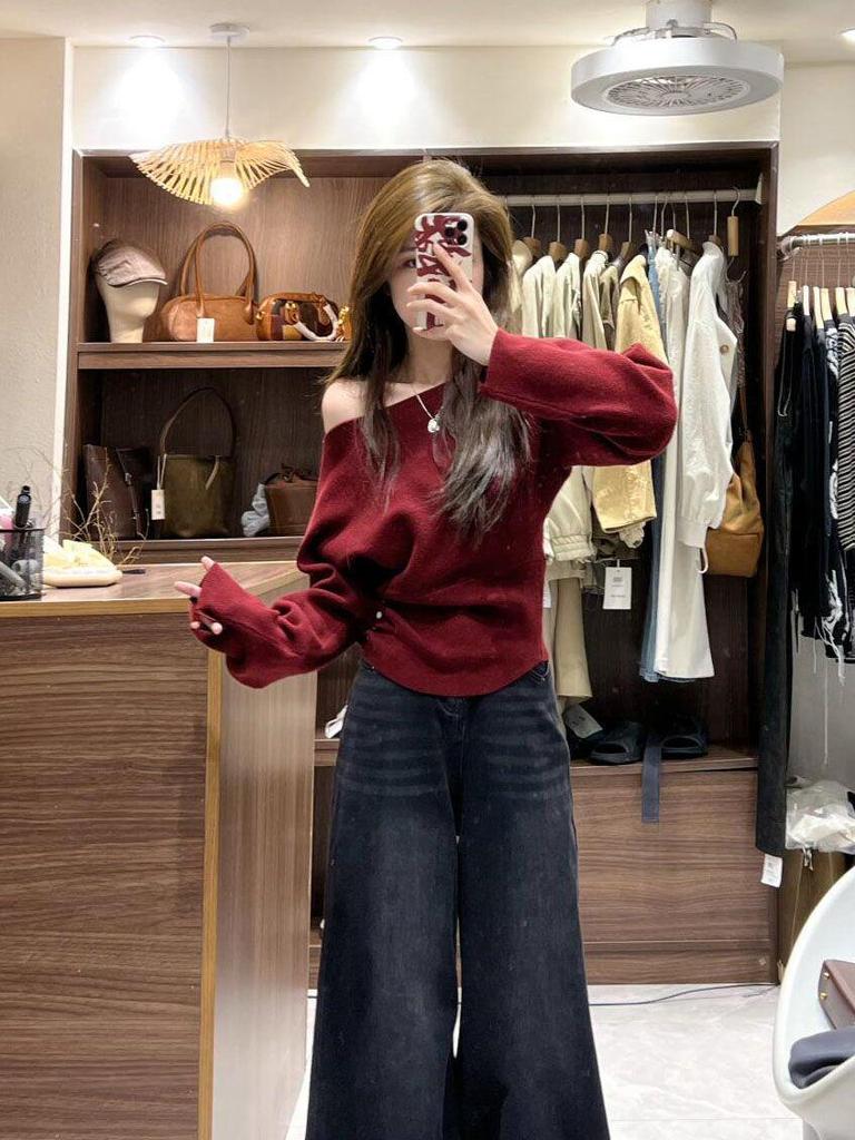 Roter Einärmliger Strickpullover für Damen - Herbst/Winter Slim Fit Basic-Oberteil