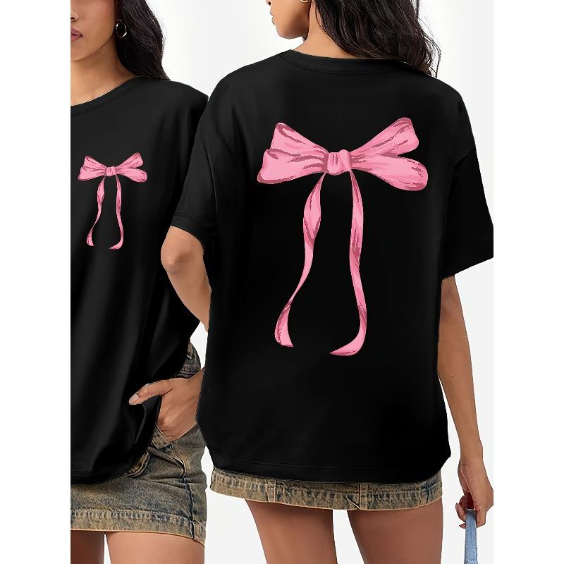

European Size A Short-Sleeved T-Shirt with a Front And Back Print Featuring a Pink Bow Pattern, Designed for Summer/Spring. This Women S Top Is Loose 4XL