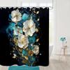 Floral Shower Curtain for Bathroom White Teal Blue Flowers Gold Leaves Shower Curtain Set with Hooks Abstract Black Bathtub Decor Waterproof Fabric