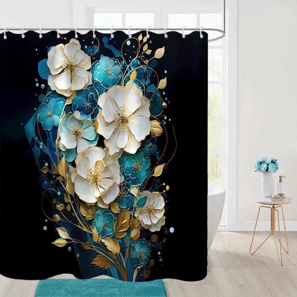 Floral Shower Curtain for Bathroom White Teal Blue Flowers Gold Leaves Shower Curtain Set with Hooks Abstract Black Bathtub Decor Waterproof Fabric