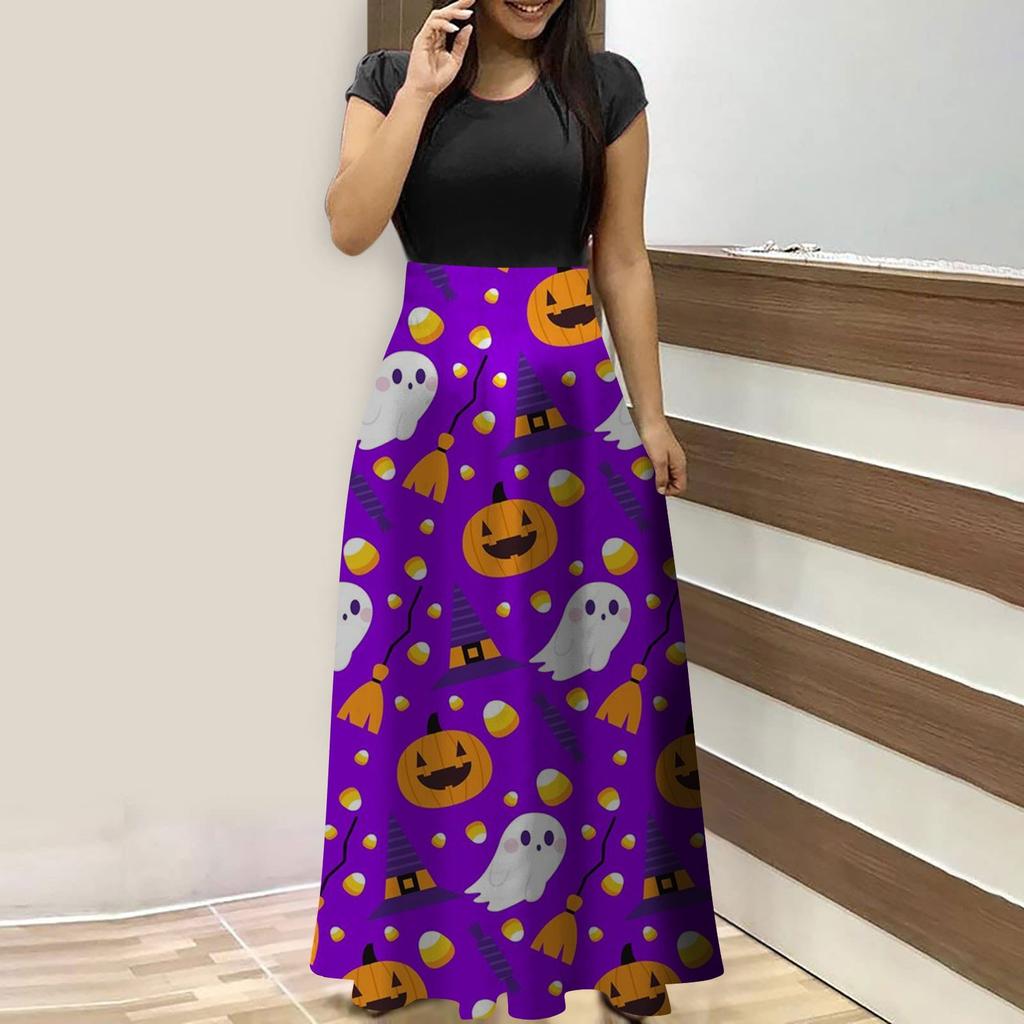 Women's Fashion Casual Halloween Print Round Neck Short-Sleeved Large Size Long Dresses