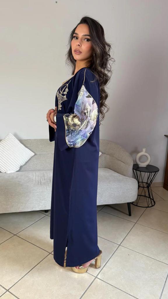 Moroccan Oriental Dress In Navy Blue with Golden and Silver Embroidery - Traditional Jellaba for Weddings, Ceremonies, and Special Events