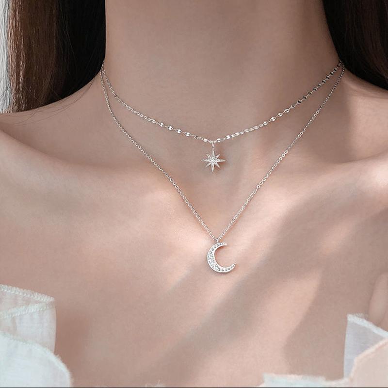 925 Sterling Silver Star Moon Double Layer NecklaceShiny Zircon Pendants Necklaces for Women Gift Fine Jewelry Accessories