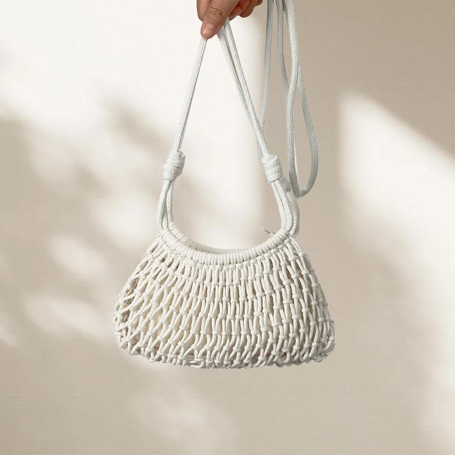 Fashionable Hollow Fishnet Shoulder Crossbody Bag for Women Casual Nylon Material Handmade Weave Beach Small Hobo Tote Bag Purse