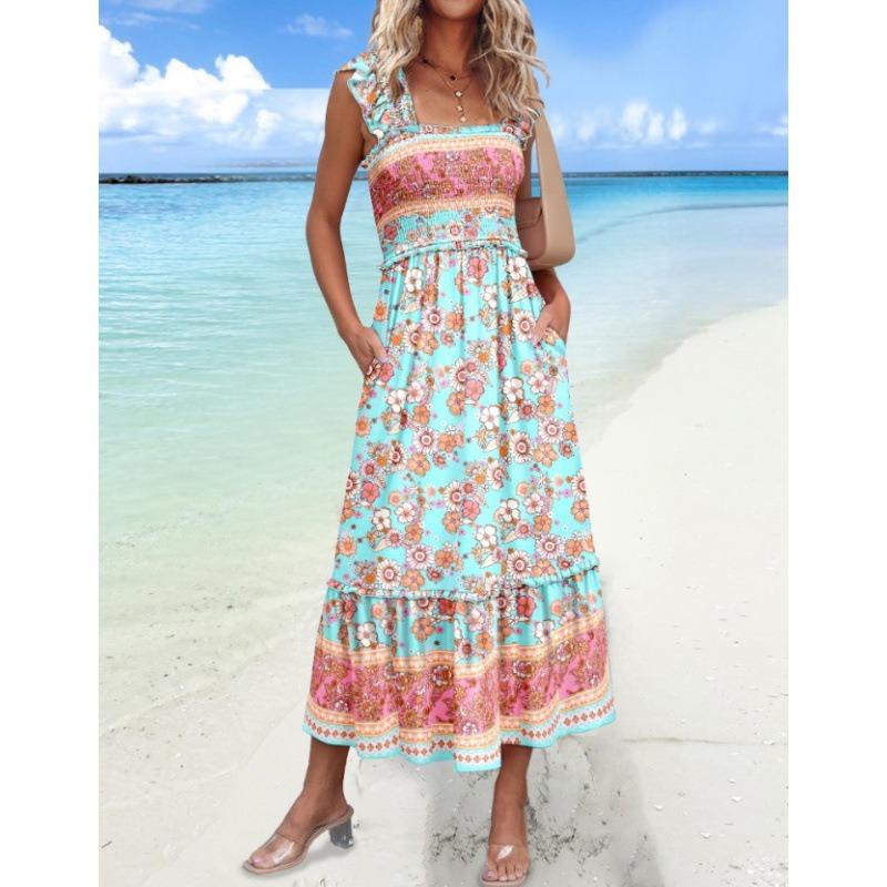 Sommer neues bedrucktes Neckholderkleid und Strandlanges Kleid