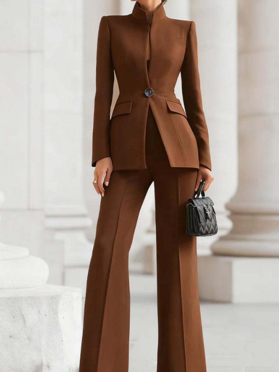 

Women s Long Sleeve Solid Pocket One-Button Blazer Set + Wide Leg Pants Two Piece Outfit XXL коричневий