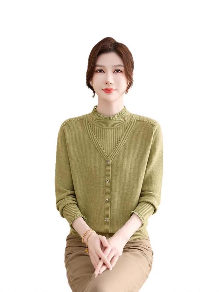 2026 Fashionable Faux Two-Piece Knit Sweater for Middle-Aged and Elderly Women - Stylish Autumn/Winter Half-High Collar Top