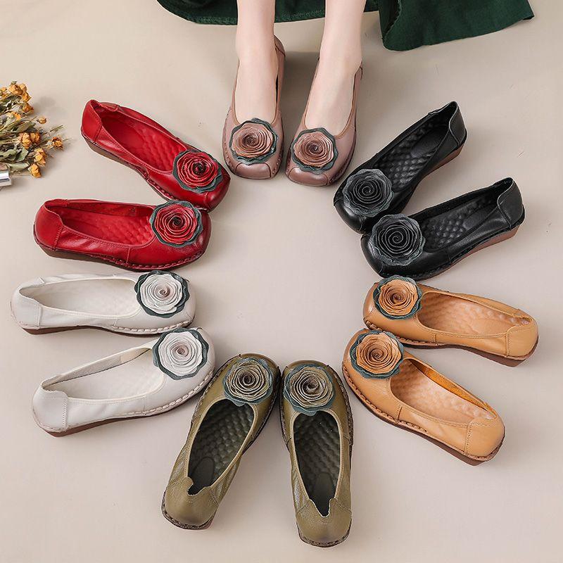 2025 Spring luxury cowhide leather shoes woman handmade flower flats retro wedged loafers ladies chic soft red dressy moccasins