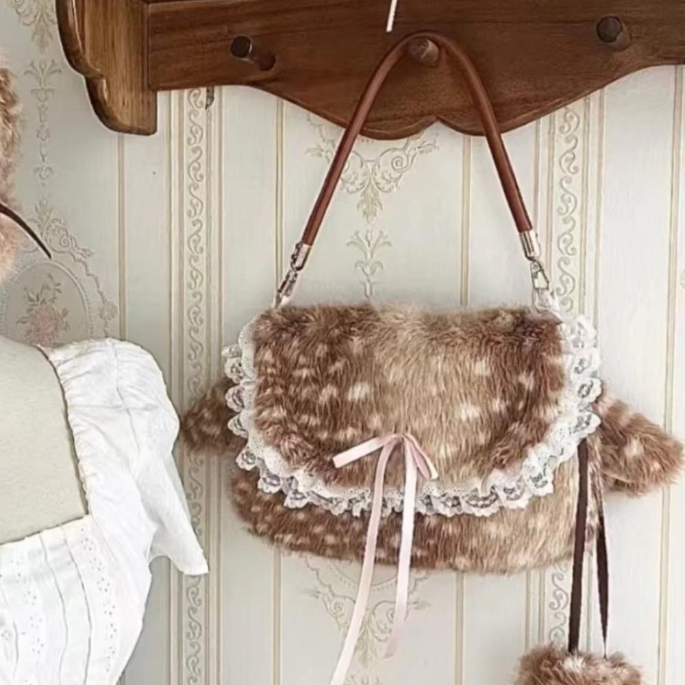 Cute Plush Deer Spot Pattern Handbag Ins Kawaii Commuter Bag Women's Faionable Versatile Oulder Bag Autumn Winter  Arrival