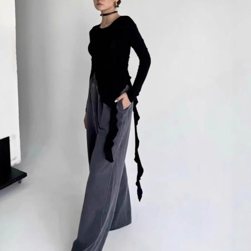 European and American Autumn Fashion Splicing Design Irregular Lotus Leaf Lace Ribbon Top