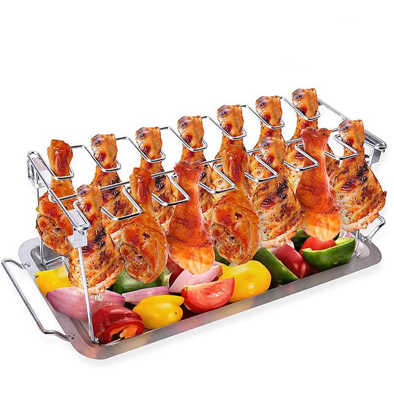 Stainless Steel Portable BBQ Chicken Leg Roasting Rack with Base