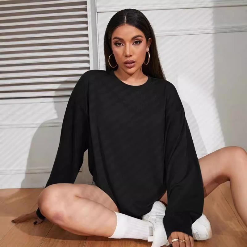 

Плюс Размер Женская мода Новый свободный однотонный круглый вырез с длинным рукавом Топ M чёрный