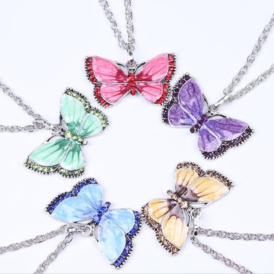 C180 Vintage Oil Drop Painted Inlaid Diamond Butterfly Necklace Alloy Fashion Long Sweater Chain Jewelry