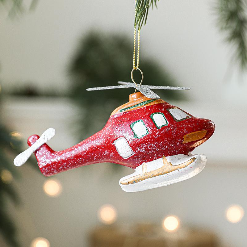 Red & White Painted Wooden House Christmas Ornaments: Car, Gift Cane, Donut, & Cloth Pendants