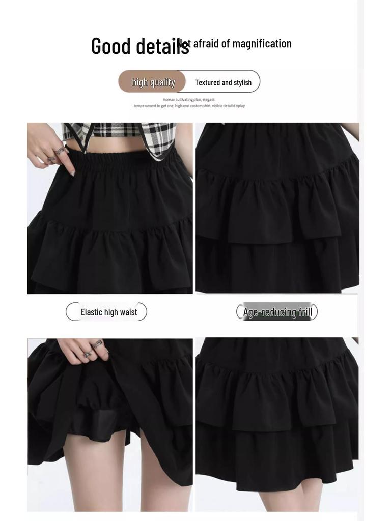 Black High Waist A-line Puffy Skirt for Women, Summer 2026 Trendy Short Umbrella Cake Skirt