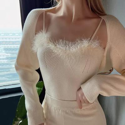 Two- Piece Sweaters Women Korean Fashion Long Sleeve Knitted Cardigan Woman + Fluff Camisole Sweet Camisole Female  C-036