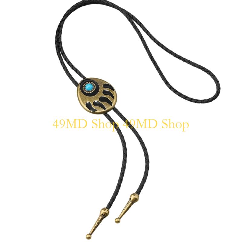 49MD Bear Claw Stone Bolo Tie Western Cowboy Adjustable PU Leather Jewelry Necklace