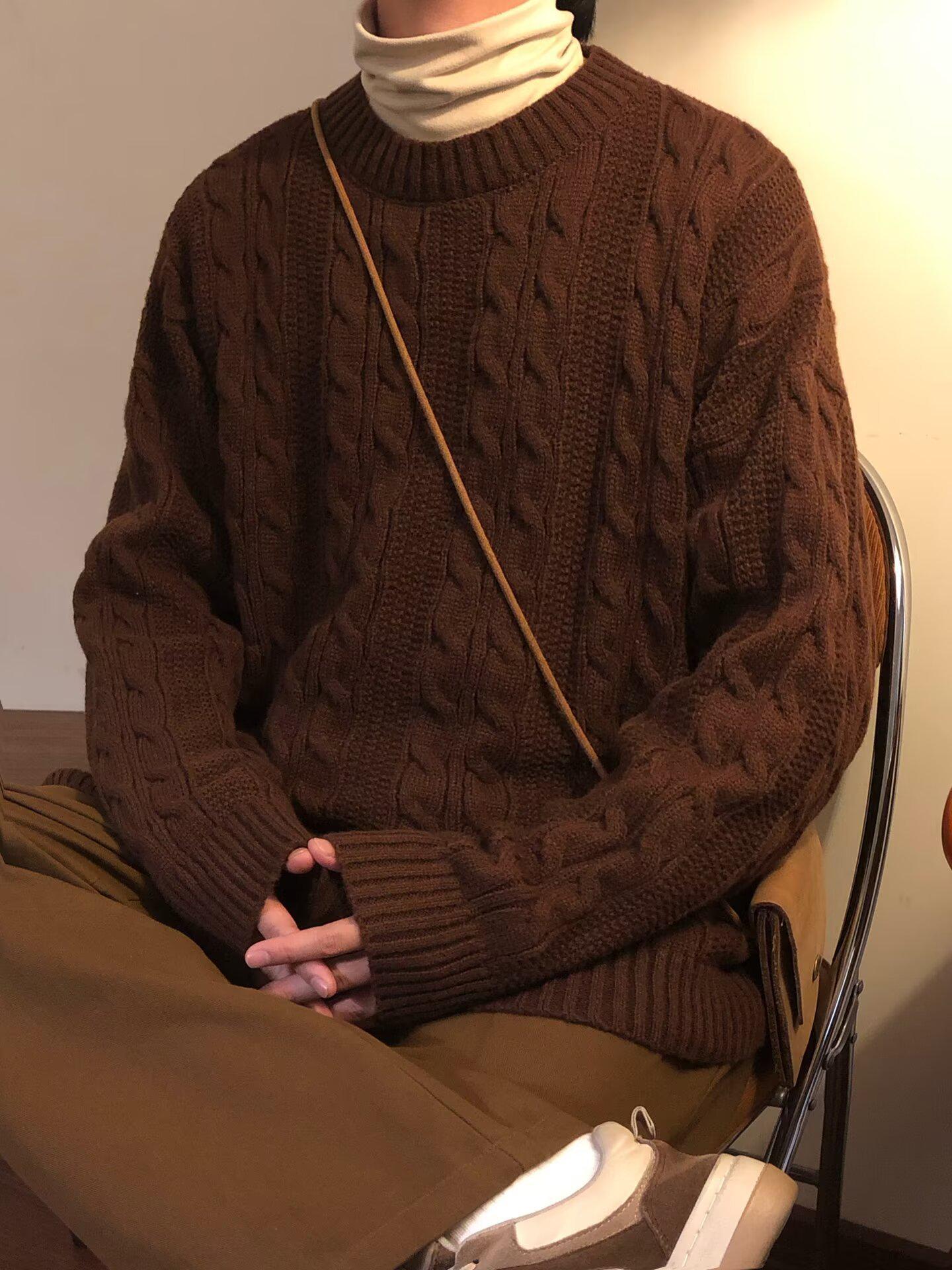 Men s Retro Japanese Cable Knit Sweater - Autumn/Winter Loose Fit, Round Neck Stylish Knitwear XL