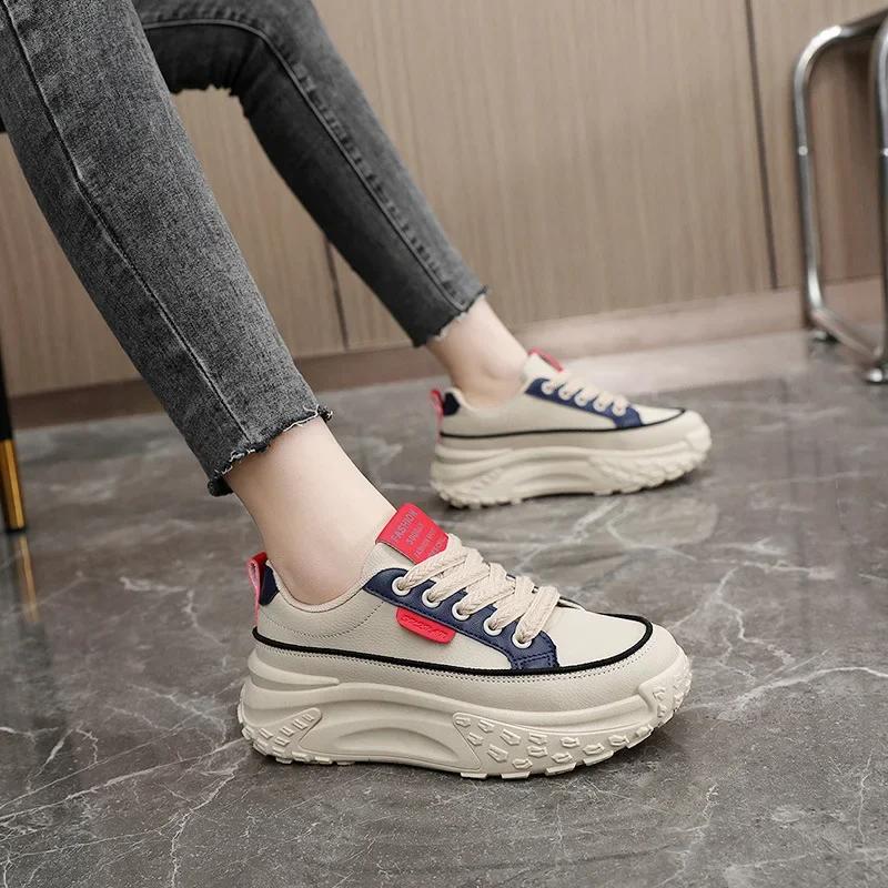 Fashion New 2025 Spring Color blocked Dad Shoes Thick soled High Rise Leather Sports Shoes Women's Shoes