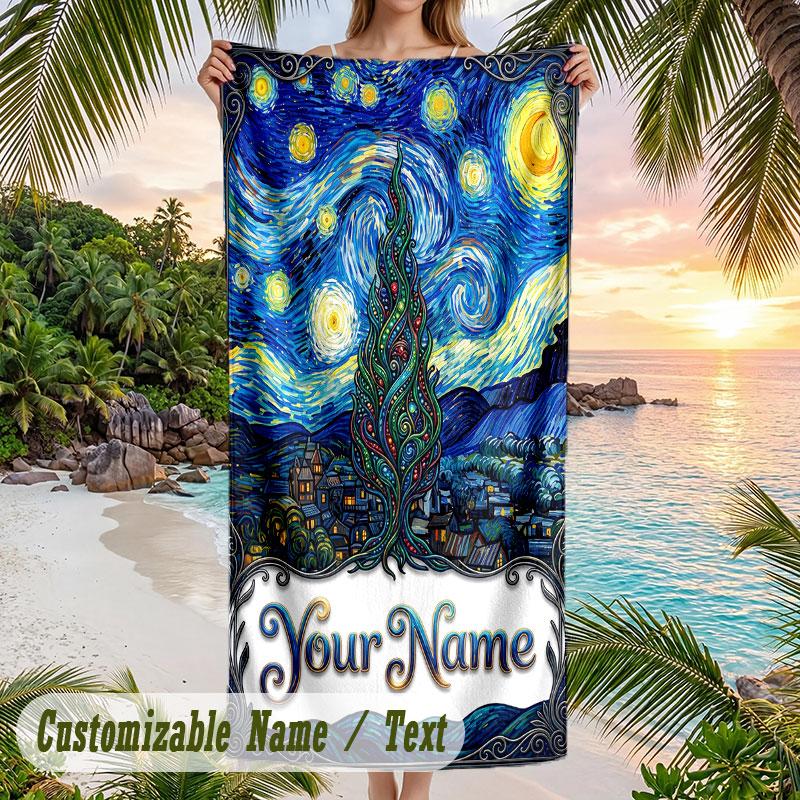 Starry Night Cat Garden Theme Quick Dry Beach Towel Custom Name Text Print Large Sand Resistant Towel Beach Vacation