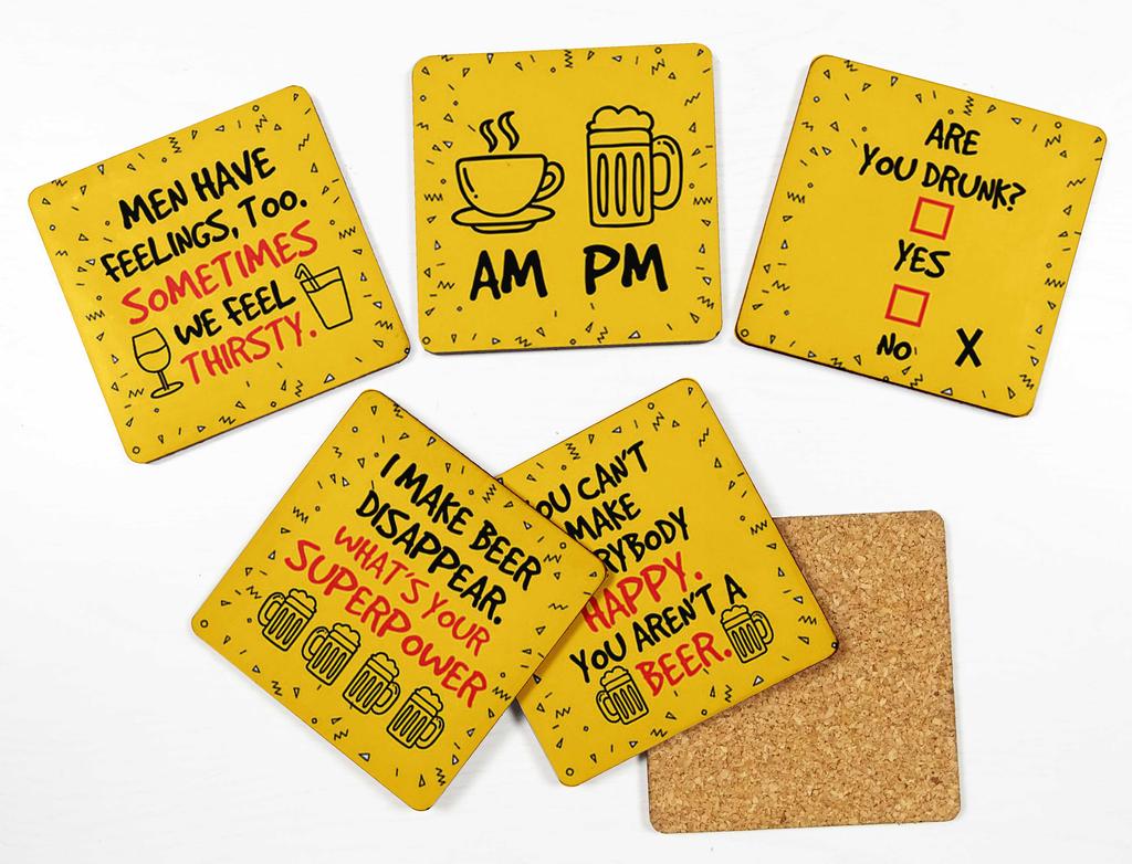 Inkdotpot Set of 6 Drink Coasters Easy Clean 4 Inch Square  Coasters  Cork Base-  Reusable- Funny Bachelor