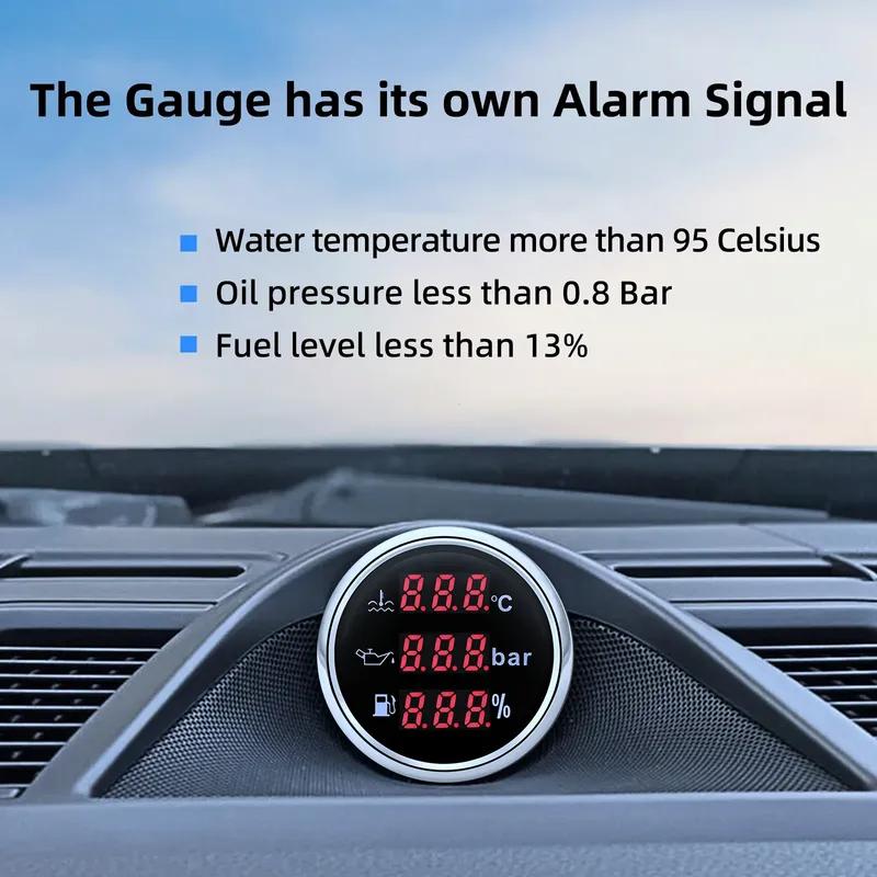 MultiMeter 3IN1 Red LED Digital 52mm Gauge with Alarm Water Temp+Oil Press+Fuel Level Gauge 0-190ohm for Auto Car Boat Yacht