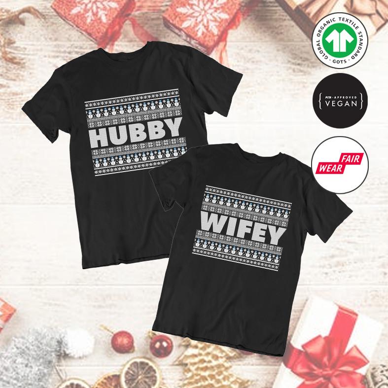 

Hubby Wifey Matching Pattern Christmas T-Shirts Adults Married Husband Wife Gift S