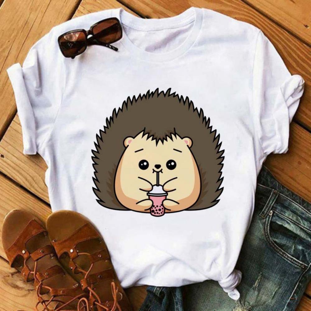 Women's Short-sleeved Hedgehog Print Fashion Round Neck T-shirt Oversized T-shirt Aesthetic Clothes Top