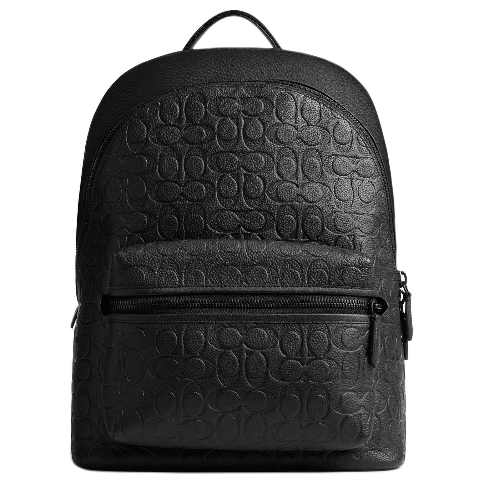 Coach Men's Black Charter 30 Embossed Logo Double Zipper Classic Monogram Pebble Leather Travel Backpack Backpack Cp117-Blk