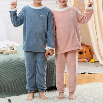 Kids Girls Boys Solid Color Long Sleeves Sleep Tops and Pants Set Thick Warm Thermal Sleepwear