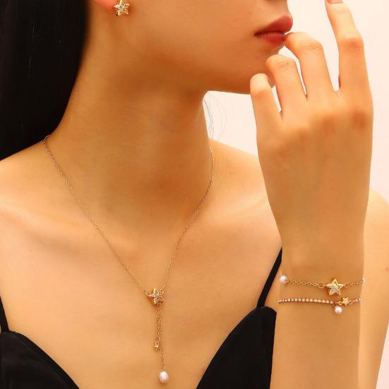 Earrings Necklace Star Shape Ear Studs with Imitation Pearl Detail Adjustable Chain Bracelet Dating Gatherings Jewelry Gift