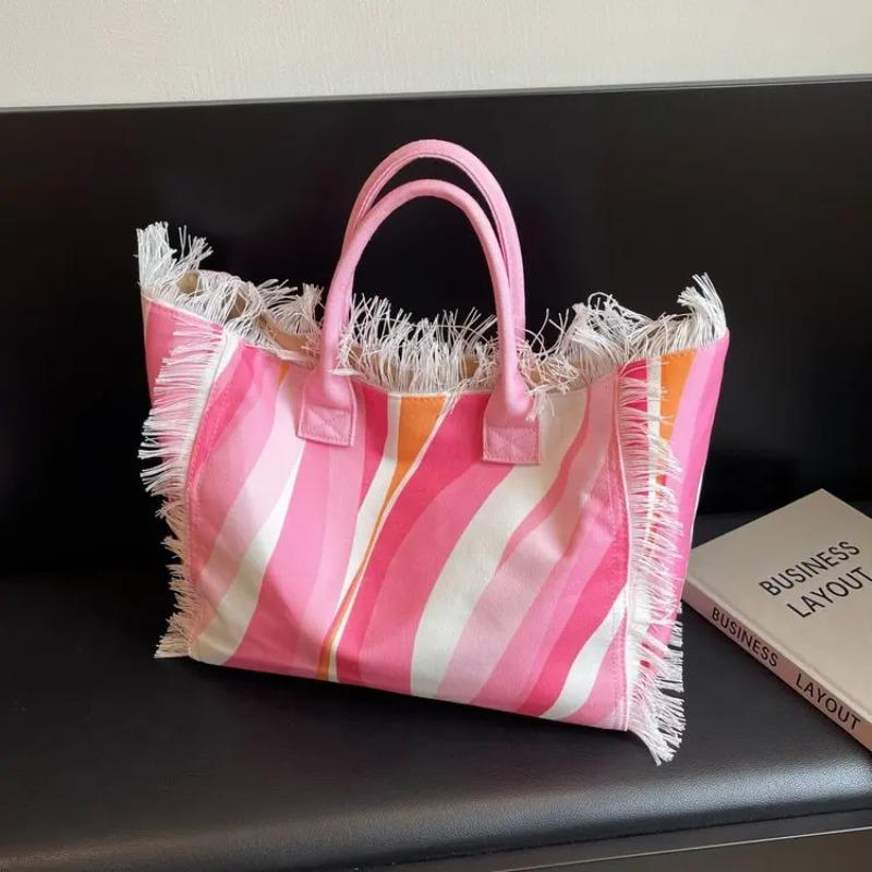 2026 Damen-Tragetasche für Reisen Strandtasche Große Kapazität Schulter-Pendlertaschen Hand-Quaste Jeans-Print Quaste Gespleißte Handtaschen