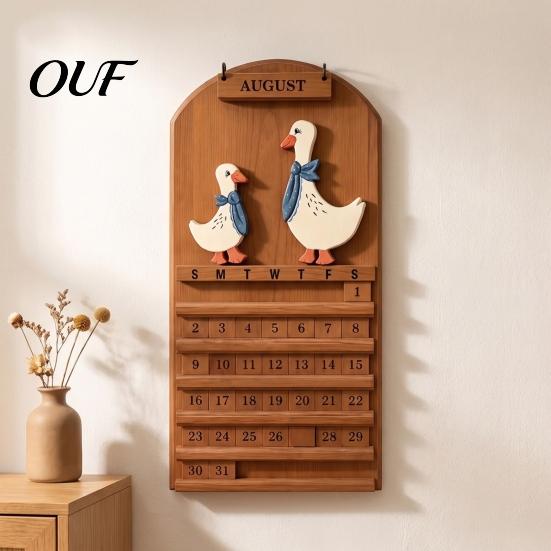 Manual Date Slider Wooden Vintage Goose Couple Perpetual Calendar, Reusable Month Blocks Farmhouse Wall Hanging Decor for Home Office Decorative