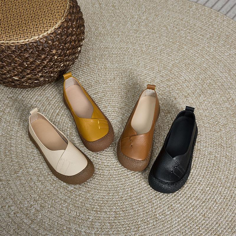 The First Layer of Cowhide Autumn Leather Women's Round Head Loose and Simple Women's Single Shoes One Pedal Casual Shoes