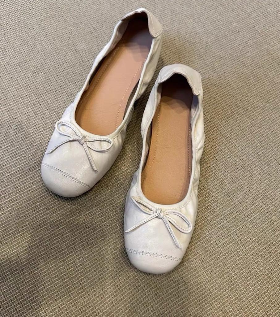 Cowhide version retro shallow mouth single shoes women's leather flat bottom versatile bow evening shoes super soft egg roll ballet shoes