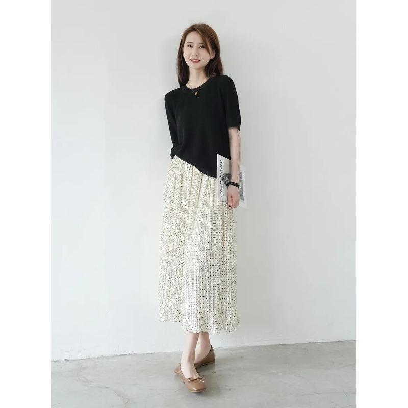 Women s Polka Dot Pleated Midi Skirt Elastic Waist Casual A-Line Flowy Skirt Onesize