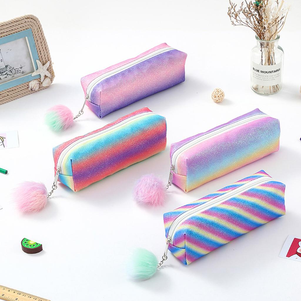 Glitter Rainbow Pattern Pencil Case Storage Bag with Zipper Closure and Pom Pom Charm Durable Portable Stationery Organizer