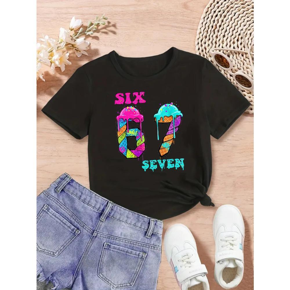 Digital Cartoon 67 Print Summer Childrens ShortSleeved Shirt Comfortable TShirt Girls Fashion Top