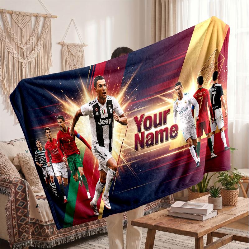 Cristiano Ronaldo Personalized Fleece Blanket With Football Logo, Custom Name Text Soft Warm Home Throw Blanket