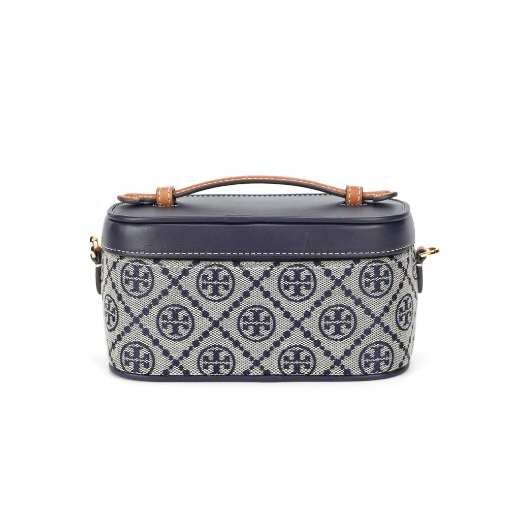 Tory Burch T Monogram Canvas Adjustable Detachable Shoulder Strap Button Closure Fabric Tote Bag Women Handbags Navy-Blue 165010-405