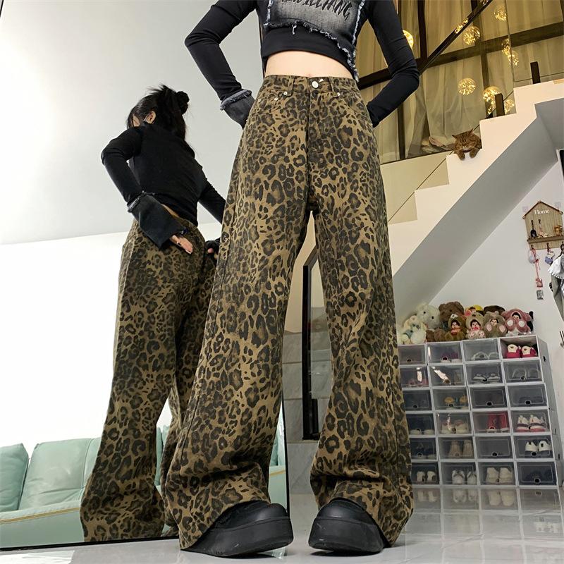 American retro leopard print wide-leg jeans women's spring and autumn spice high street loose straight pants casual floor-mopping trousers