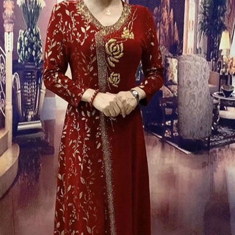 Abiti eleganti con scollo a V stampati, primavera autunno, nuovi abiti da donna a trapezio, maniche lunghe, eleganti, con diamanti floreali, abito lungo