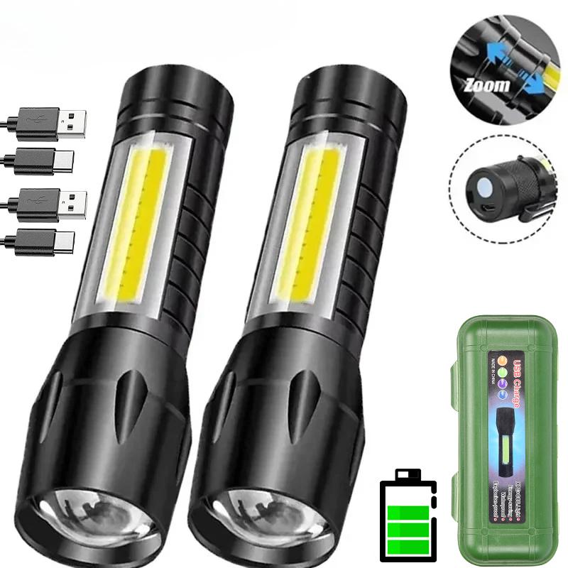 Mini COB+XPE LED Flashlight Portable Type-C Rechargeable Torch Tactical Lantern Outdoor Zoom Waterproof Light for Camping Lamp