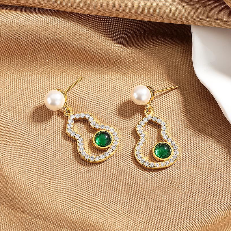 High-End Chinese Style Green Jade Gourd Large Stud Earrings with Pearls